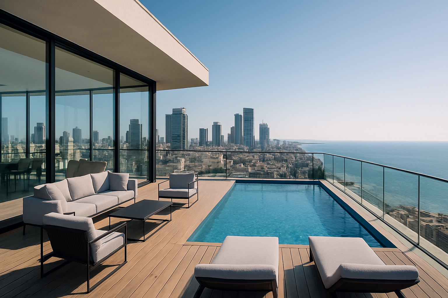 פנטהאוז יוקרה בלב תל אביב – נוף לים, בריכה פרטית ועיצוב עוצר נשימה